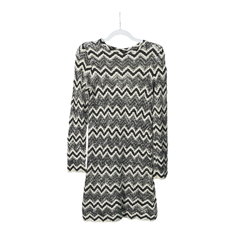 Zara Long Sleeves Chevron Knit Zig Zag Cream and Black Dress-medium - Picture 2 of 8
